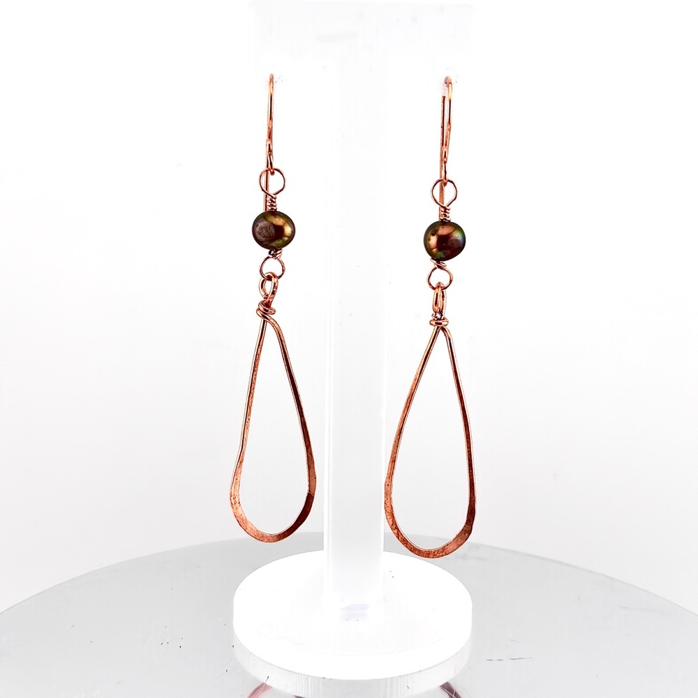 HANDMADE Freshwater Pearl Copper Wire Wrapped Dangle Earrings, Artisan Jewelry